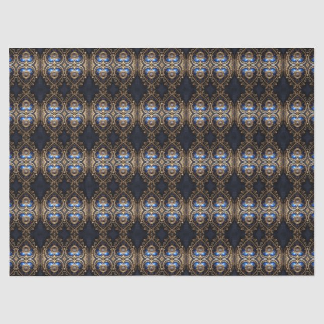 small blue and gold steampunk hearts pattern tissue paper (Front)