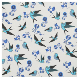 Small blue bird flying, sitting, Folk floral print Fabric