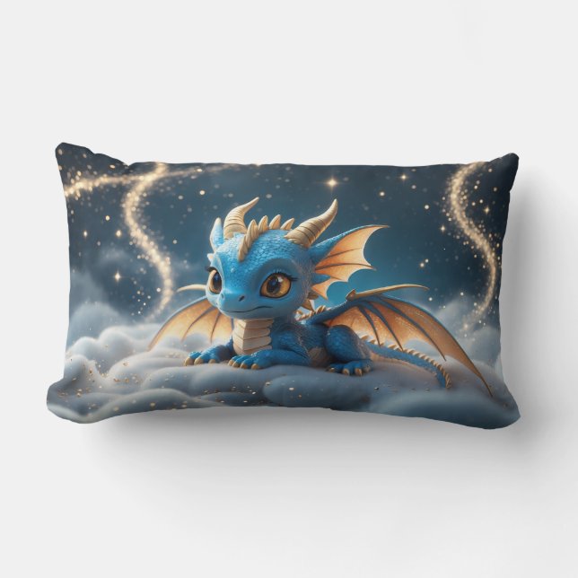 Small blue dinosaur on a cloud lumbar pillow (Front)