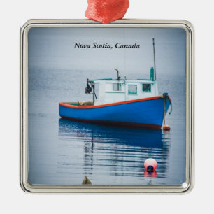 Small Blue Fishing Boat Metal Ornament