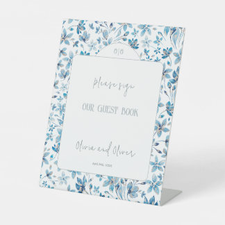 Small Blue Flowers Guest Book Pedestal Sign