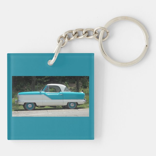 Small blue Metropolitian Nash cute classic car Keychain (Back)