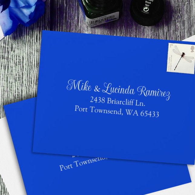 Small Blue, Pre-addressed RSVP Envelope (elegant royal blue rsvp enclosure card envelope with address pre-printed)