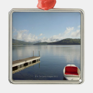 Small boat tied up on dock at Lake Placid Metal Ornament