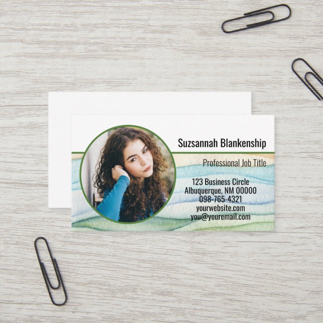 Small Business Custom Round Photo Watercolor Business Card (Front/Back In Situ)
