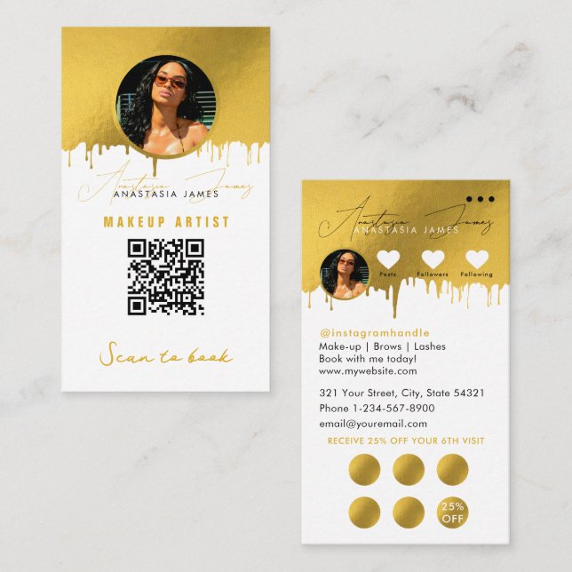 Small Business Discount Loyalty QR Code White Gold Business Card (Front/Back)