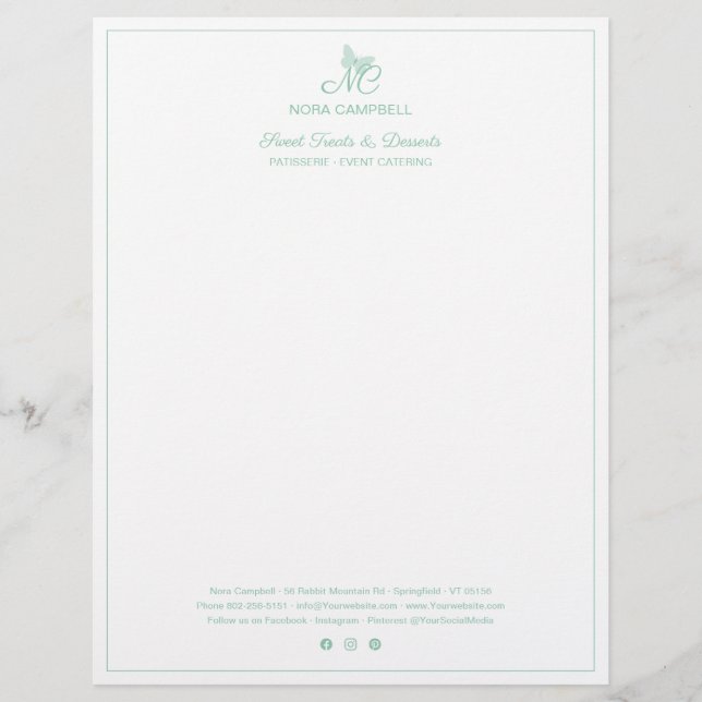 Small Business Monogram Social Media Mint Border Letterhead (Front)