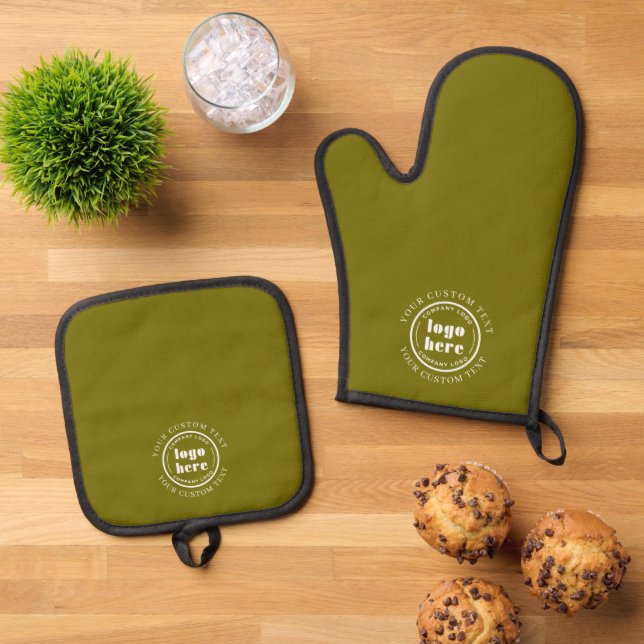 Small Business Promotional Custom Logo Olive Green Oven Mitt & Pot Holder Set (Top Down)