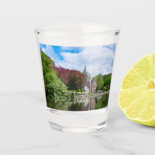 Small castle near lake in Bruges, Belgium Shot Glass