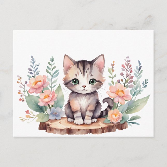 Small cat with flowers postcard (Front)