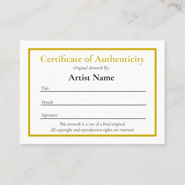 Small Certificate of Authenticity Template for Art (Front)