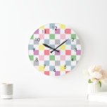 Small Checkers Pastel Colours White Chequered    Large Clock<br><div class="desc">Modern pastel colour tones and white colourful chequerboard checks pattern. Pastel aesthetic chequered design. Pastel checks on home decor,  party products,  and personalized gifts. The chequered pattern in pastel colour tones.</div>