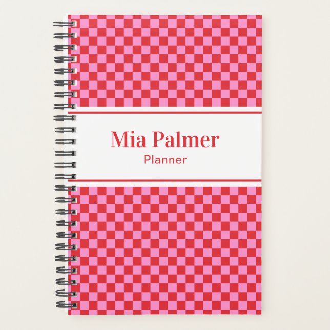 Small Cherry Red and Pink Checkerboard Planner (Front)