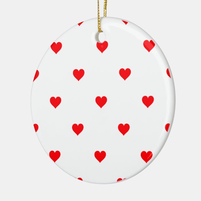 Small Christmas Red Polka Dot Hearts On Snow White Ceramic Ornament (Left)