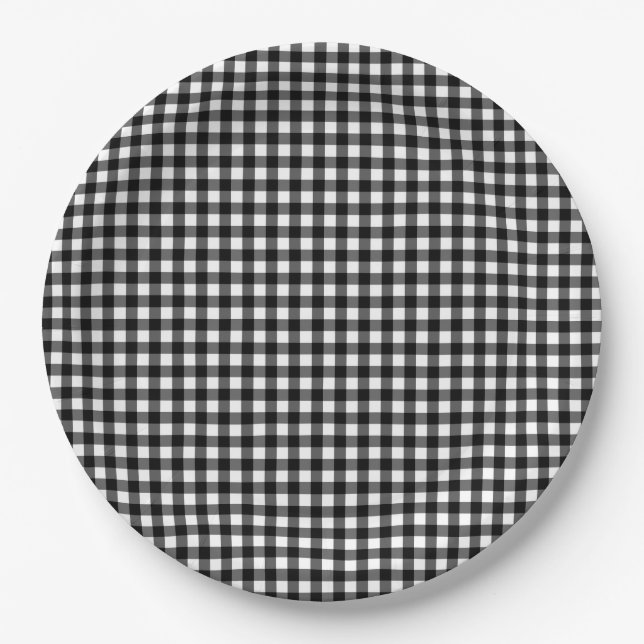 Small Classic Gingham Check Plaid Pattern Black   Paper Plate (Front)