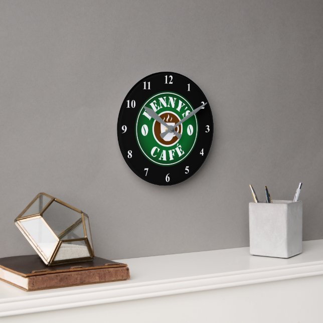 Small coffee shop wall clock with custom name (Office)