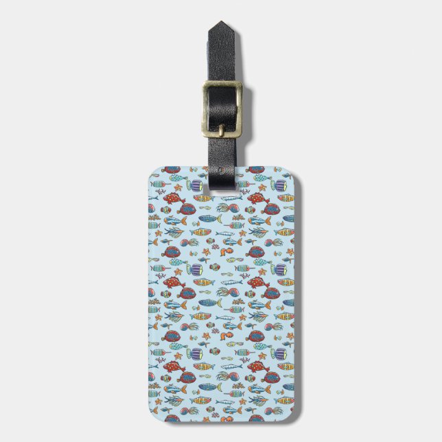 Small Colourful Fish Pattern on Blue Luggage Tag (Front Vertical)