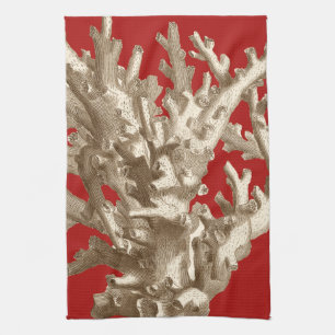 Small Coral in Red Kitchen Towel