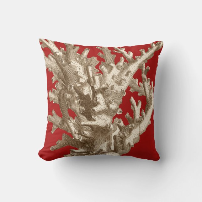 Small Coral in Red Throw Pillow (Front)