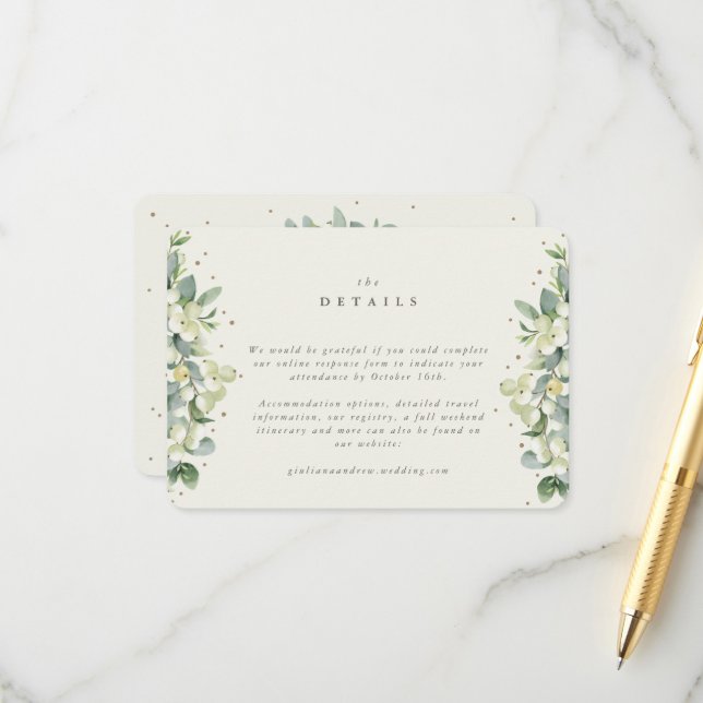 Small Cream Snowberry+Eucalyptus Wedding Details Enclosure Card (Front/Back In Situ)