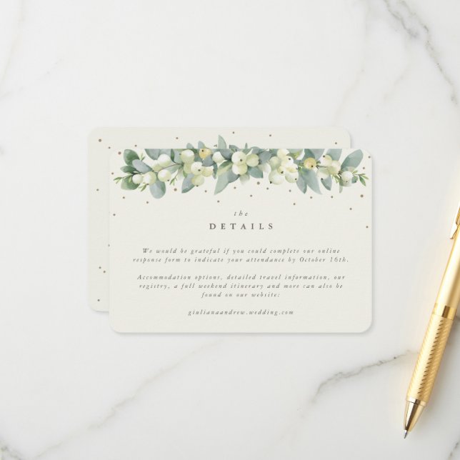 Small Cream Snowberry+Eucalyptus Wedding Details Enclosure Card (Front/Back In Situ)