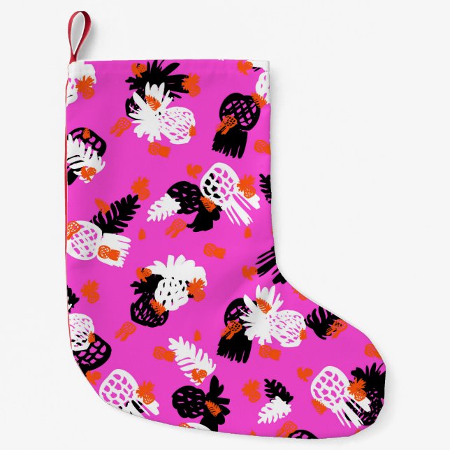 Small ditsy pattern with tropical motifs, hand dra christmas stocking (Front)
