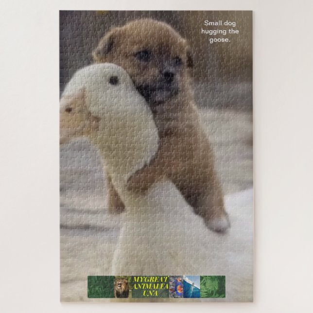 Small dog puzzle, hugging the goose. jigsaw puzzle (Vertical)
