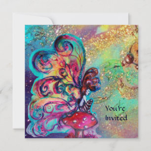 SMALL ELF OF MUSHROOMS ,Gold yellow blue sparkle Invitation