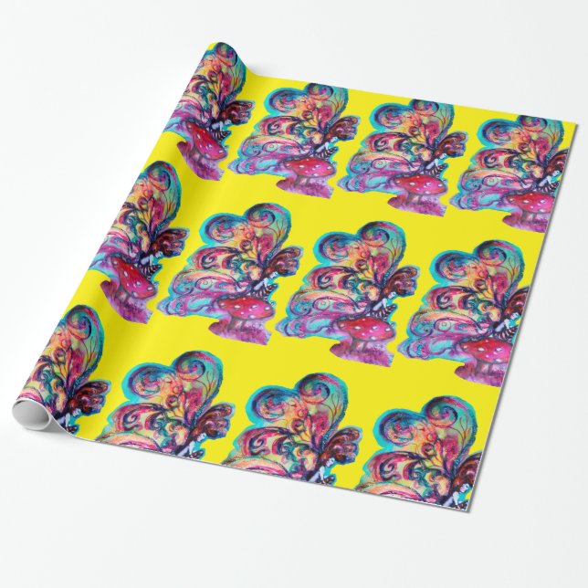 Small Elf of Mushrooms -MAGIC BUTTERFLY PLANT Wrapping Paper (Unrolled)