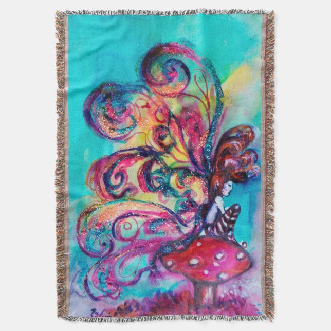 SMALL ELF OF MUSHROOMS Pink Blue Fantasy Throw Blanket (Front Vertical)
