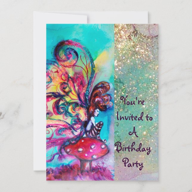 SMALL ELF OF MUSHROOMS ,pink yellow blue sparkle Invitation (Front)