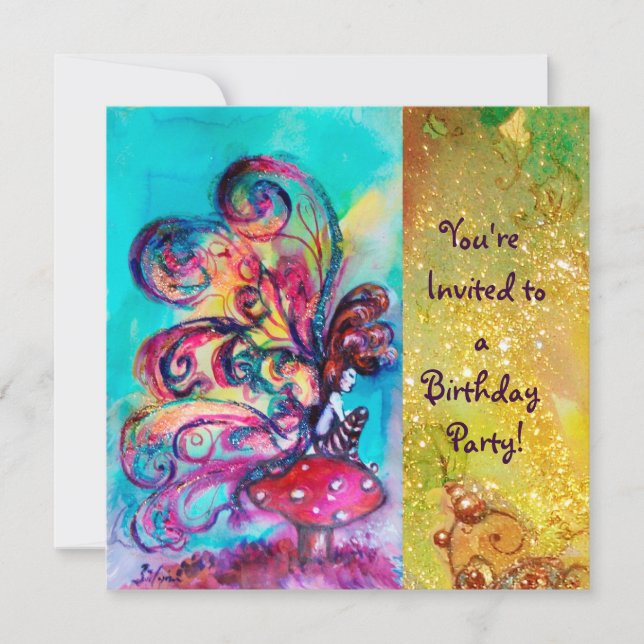SMALL ELF OF MUSHROOMS ,pink yellow blue sparkle Invitation (Front)