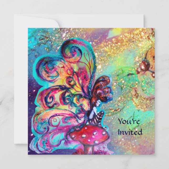SMALL ELF OF MUSHROOMS ,pink yellow blue sparkle Invitation (Front)