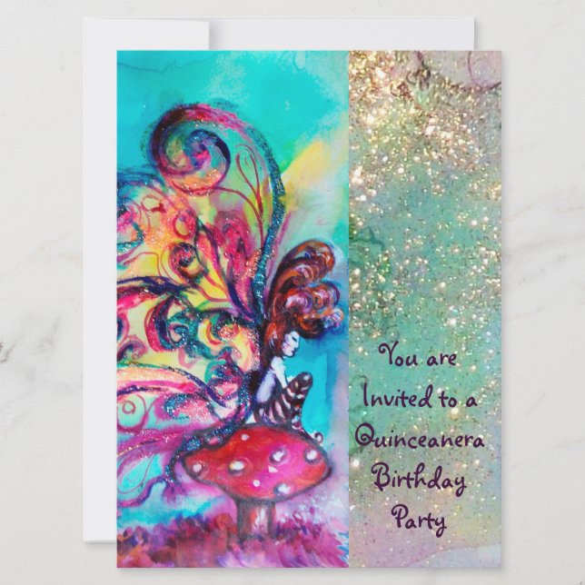 SMALL ELF OF MUSHROOMS ,pink yellow blue sparkle Invitation (Front)