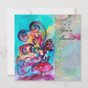 SMALL ELF OF MUSHROOMS ,pink yellow blue sparkle Invitation