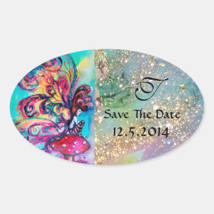 Small Elf of Mushrooms Save The Date Monogram Oval Sticker