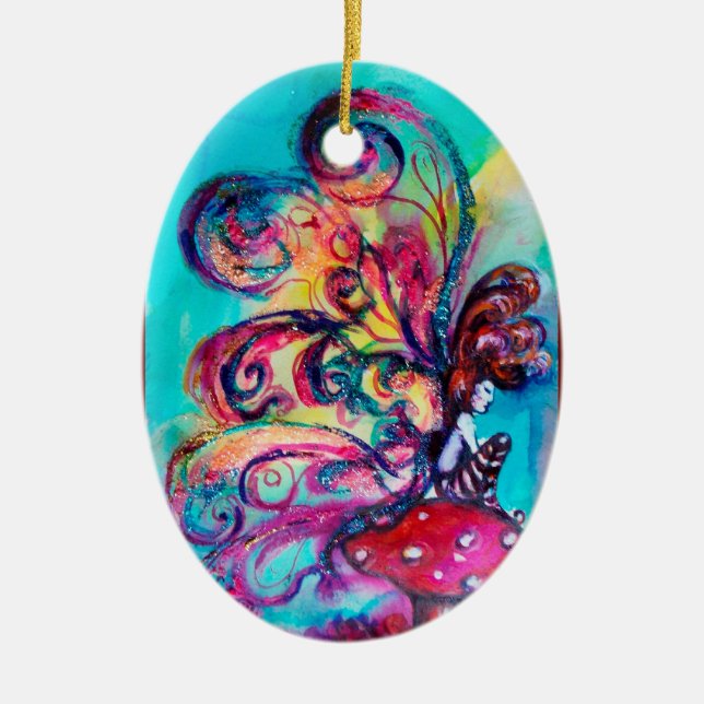 SMALL ELF OF MUSHROOMS VIBRANT RED RUBY CERAMIC ORNAMENT (Front)