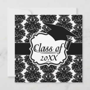small flourish black white damask design invitation