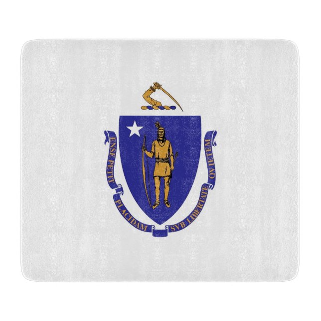 Small glass cutting board with Massachusetts flag (Front)