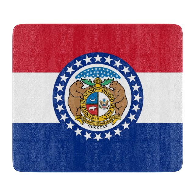 Small glass cutting board with Missouri flag (Front)