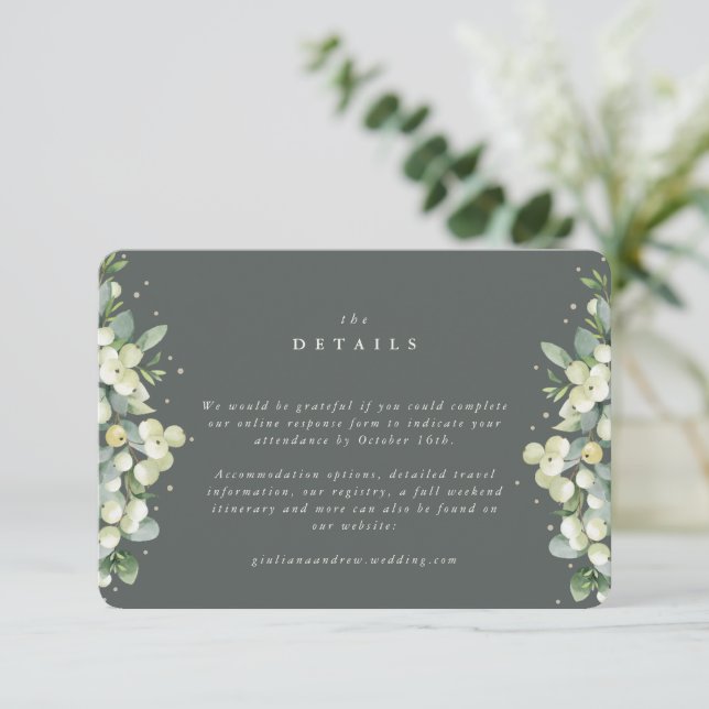 Small Green Snowberry+Eucalyptus Wedding Details Enclosure Card (Standing Front)
