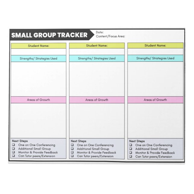 Small Group Data Tracker Student Observations Notepad (Front)