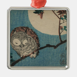 Small Horned Owl on Maple Branch under Full Moon Metal Ornament