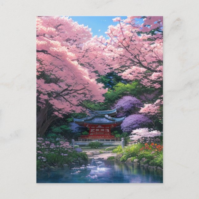 Small Japanese Shrine in Sakura Shades Postcard (Front)