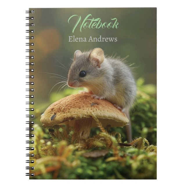 Small mouse sitting on a top of a mushroom notebook (Front)