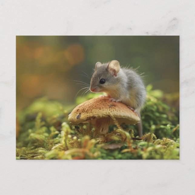 Small mouse sitting on a top of a mushroom postcard (Front)
