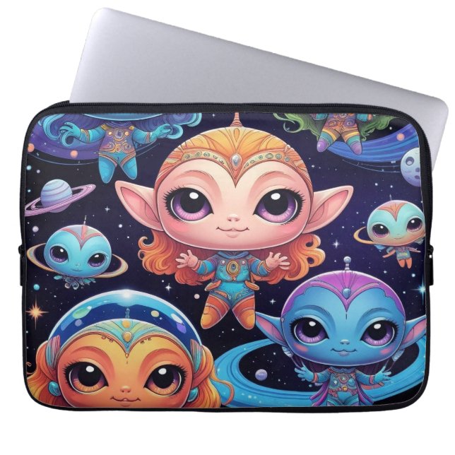Small Multi-Coloured Aliens in Space Laptop Sleeve (Front)