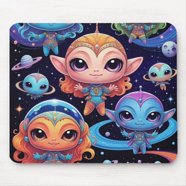 Small Multi-Coloured Aliens in Space Mouse Pad (Front)