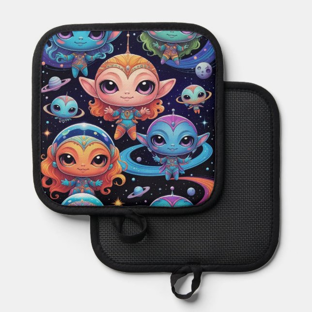 Small Multi-Coloured Aliens in Space Pot Holder (Front/Back)