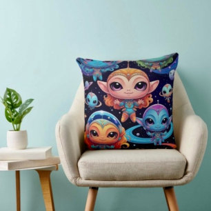 Small Multi-Coloured Aliens in Space Throw Pillow